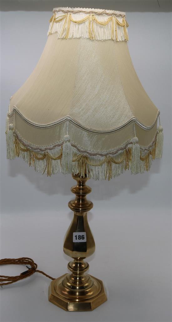 Brass table lamp & shade & pair brass wall lights